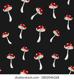 Amanita mushrooms seamless pattern. Forest background with mushrooms.Hand drawing, sketch