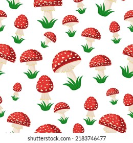 Amanita mushrooms seamless pattern. Red poisonous mushroom. Abstract background. Vector illustration. Autumn mushroom collection season.