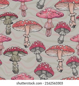 Amanita mushrooms seamless plant pattern