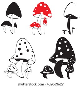 Amanita mushrooms. Set of different shapes. Five icons. Toadstools in black and white. On white background.