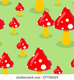Amanita on meadow in forest seamless pattern. Red mushroom texture. Ornament of cute mushrooms.
