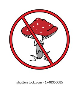 Amanita, poison mushroom icon, red circle sign of danger. Hand drawn sketch style, colored in red, white. Vector eps 10