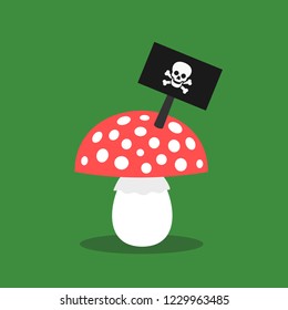 Amanita - poisonous mushroon with warning of danger - inedible and uneatable fungi causing death. Vector illustration