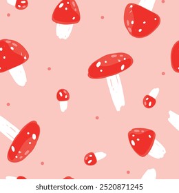 Amanita vermelho cogumelo padrão sem emenda no fundo rosa. padrão sem emenda,rabiscar,desenho à mão,natureza,papel de parede,outono,floresta,vetor de queda