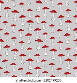 Amanita red mushroom seamless pattern.Vector hand drawing doodle cartoon illustration design. Fly agaric mushroom seamless pattern.