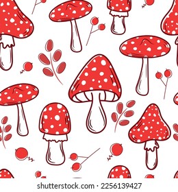 Amanita red mushroom seamless pattern.Vector hand drawing doodle cartoon illustration design.Amanita mushroom seamless pattern,doodle,hand drawing,nature,wallpaper,autumn,forest,fall vector