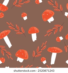 Amanita red mushroom seamless pattern.Vector hand drawing doodle cartoon illustration design.Amanita mushroom seamless pattern,doodle,hand drawing,nature,wallpaper,autumn,forest,fall vector