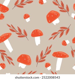 Amanita red mushroom seamless pattern.Vector hand drawing doodle cartoon illustration design.Amanita mushroom seamless pattern,doodle,hand drawing,nature,wallpaper,autumn,forest,fall vector