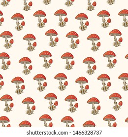 Amanita red mushroom vector pattern. Poison red mushroom illustration.