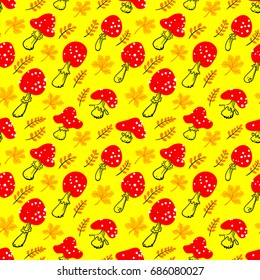 Amanita seamless pattern. Mushroom background with bright autumn marple leaves. Fall season vector illustration