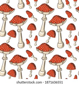 Amanita seamless pattern. Vector illustration set of red amanita, bright caps of mushrooms