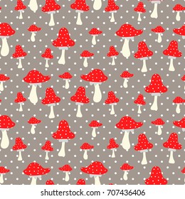 Amanita seamless vector pattern. Poison cartoon red mushroom pattern. Fly-agaric on dotted taupe background.