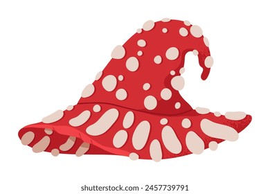 Amanita witch hat. Halloween fly agaric magician hat, mushroom decorated wizard hat flat vector illustration. Halloween october party fly agaric magician hat on white