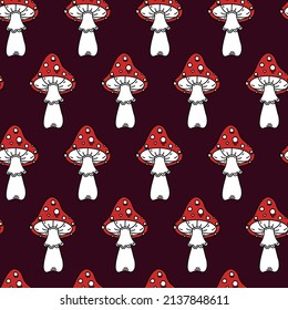 Amanitas seamless vector pattern. Red poisonous mushrooms. Hand-drawn illustration on dark background. Toxic grebe, cartoon backdrop for decoration, t-shirt design, fabric, web