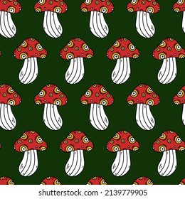 Amanitas seamless vector pattern. Red poisonous mushrooms. Hand-drawn illustration on dark background. Toxic grebe, cartoon backdrop for decoration, t-shirt design, fabric, stationery