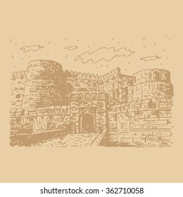 Amar Singh Gate of Agra Fort, Agra, Uttar Pradesh, India. Vector freehand pencil sketch. 