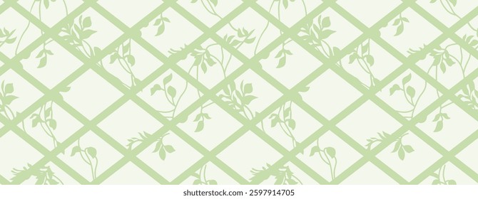 Amaran Roll Gracie Oaks wallpaper with a light green trellis pattern and delicate leaf accents, for textile, wallpaper, gift wrapping.
