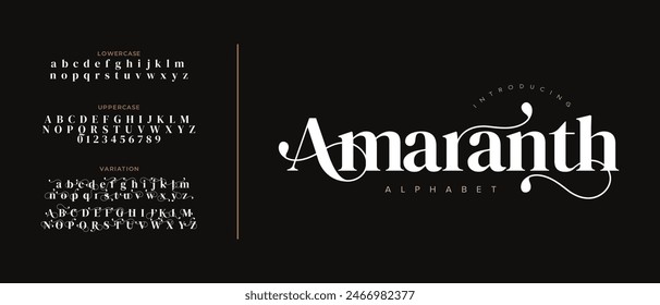 Amaranth elegant font alphabet uppercase lowercase and number. Classic lettering minimal fashion designs. Typography modern serif fonts regular decorative vintage concept. Vector illustration