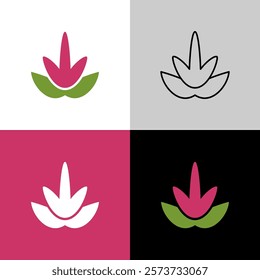 Amaranth flower vector logo. Elegant minimalistic symbol icon of violet Amaranthus flower with green leaves. Plain colors and outline illustration style. Adjustable stroke width.