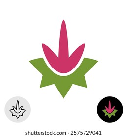 Amaranth flower vector logo. Elegant minimalistic symbol icon of violet Amaranthus flower with green leaves. Plain colors and outline illustration style. Adjustable stroke width.