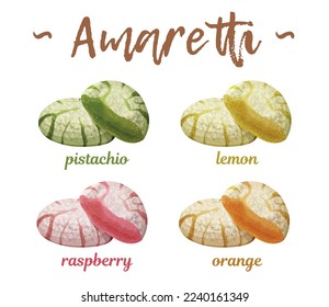 Galletitas de almendras de Amaretti conjunto iconos vectoriales aislados en fondo blanco, macarones con pistacho, limón, naranja y sabor a frambuesa colección de ilustraciones de dibujos animados, postre crujiente dulce bizcocho 
