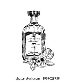 Amaretto Bottle, Retro Hand Drawn Vector Illustration.