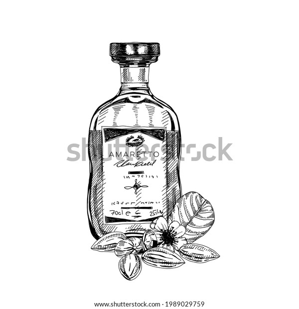 Amaretto
bottle, retro hand drawn vector
illustration.