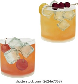 Amaretto Sour, Old fashioned cocktail, vector, watercolor, printable illustration, party drinks, bar cocktails, cocktail set, for menu
