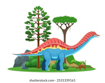 Amargasaurus cartoon prehistoric dinosaur character. Isolated vector colorful herbivore dino with red and blue coloration and spiked back in a lush, vibrant landscape with tall trees and rocky terrain