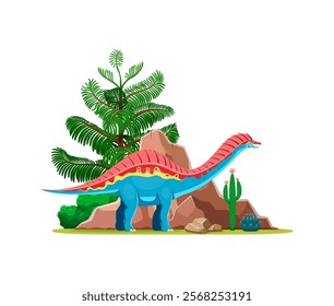 Amargasaurus cartoon prehistoric dinosaur character in a lush, vibrant landscape with tree and rocky terrain. Isolated vector colorful herbivore dino with red and blue coloration and spiked back