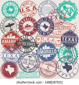 Amarillo Texas Set of Stamps. Travel Stamp. Made In Product. Design Seals Old Style Insignia.