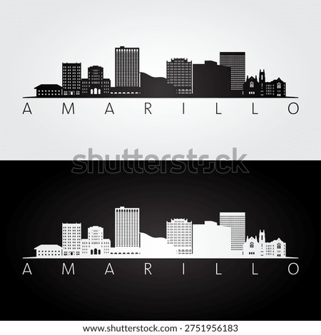 Amarillo TX skyline and landmarks silhouette, black and white design, vector illustration.  