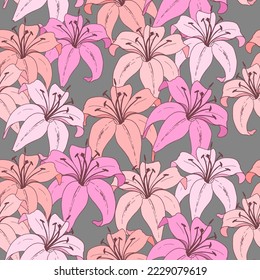 Amaryllis flowers lily bouquet vector seamless pattern floral design. Lilly blossom, pink yellow white amaryllis flowers endless illustration. Fashion print for clothes textile. Valentine wrapping