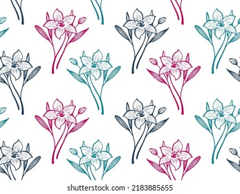 Amaryllis flowers vector seamless pattern fabric print summer design. Floral line art ornament. Lilium or narcissus flowers outline illustration. Abstract blossom bouquet. Sketch style wallpaper