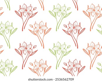 Amaryllis flowers vector seamless pattern fabric print summer design. Floral line art ornament. Lilly or daffodil flowers outline illustration. Exotic blossom bouquet. Sketch style wallpaper