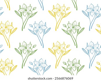 Amaryllis flowers vector seamless pattern fabric print summer design. Botanical charming ornament. Lilly or daffodil flowers outline illustration. Exotic blossom bouquet. Engraving style wallpaper