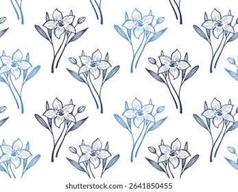 Amaryllis flowers vector seamless pattern fabric print summer design. Lovely wedding ornament. Lilium or narcissus flowers outline illustration. Delicate petals texture. Engraving style wallpaper