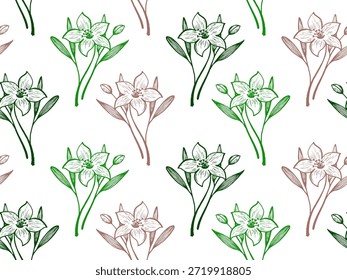 Amaryllis flores vetor padrão sem costura tecido impressão projeto de verão. Enfeite de casamento bonito. Ilustração de contorno de flores de lírio ou narciso. Textura delicada das pétalas. Papel de parede estilo esboço