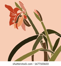 Amaryllis red flower in a minimalist trendy style. Silhouette of a plant in a contemporary simple abstract style. Vector illustration collage. For t-Shirt Print, card, poster, social media post