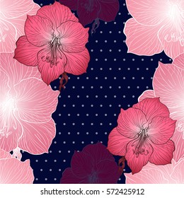 Amaryllis. Seamless vector pattern. Flowers and dots. Use printed materials, signs, items, websites, maps, posters, postcards, packaging.