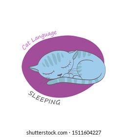 Amasing cat sleeping curled up. Behavior and body language of domestic animal or pet. Funny scene in hand drawn style. Cartoon character. Colorful vector illustration on white background  