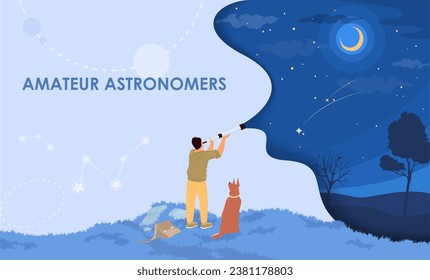 Amateur-Astronomen werben Poster mit Menschen, die die Forschung des nächtstSternenhimmels durch das Teleskop, Vektorgrafik