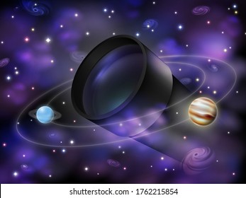 Amateur Astronomy Concept Illustration. Realistic Optical Telescope Surrounded By Stars, Galaxies, Nebulas And Planets. Space Scientific Exploration Themed Vector Background