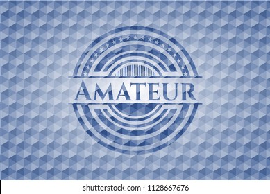 Amateur blue emblem with geometric background.