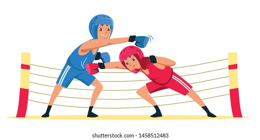 Amateur boxing match flat vector illustration. Young athletes in gloves and protective helmets cartoon characters. Fighters in sportswear sparring, training. Competitive sport, single combat