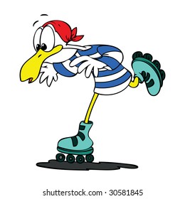 An amateur Cartoon Seagull roller skating anxiously.