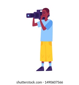 Amateur filmmaker holding a camera - African cameraman cartoon character in casual clothes filming a video. Film production crew member - isolated flat vector illustration on white background - Shutterstock ID 1490607566