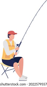 Amateur fisherman with casting rod semi flat color vector character. Full body person on white. Fishing tournament isolated modern cartoon style illustration for graphic design and animation