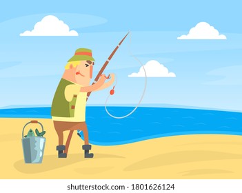 Amateur Fisherman Character Standing on Sea Shore and Catching Fish with Rod Cartoon Vector Illustration