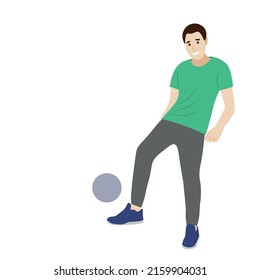 Amateur man kicking the ball with his foot, vector isolated on white background, portrait of a guy with a soccer ball